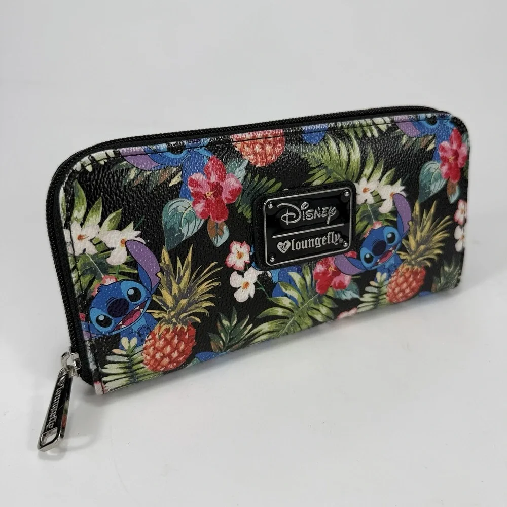 Disney Loungefly Stitch Tropical Floral‎ Zip Around Wallet Black Hawaiian Aloha